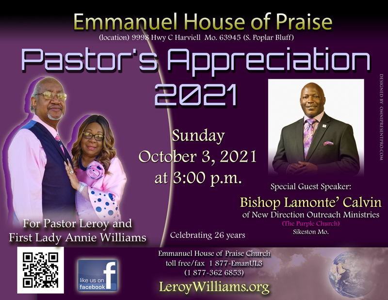 Emmanuel House of Praise Pastor's Appreciation 2021, for Pastor Leroy Williams and First Lady Annie Williams, guest speaker Bishop Lamonte' Calvin